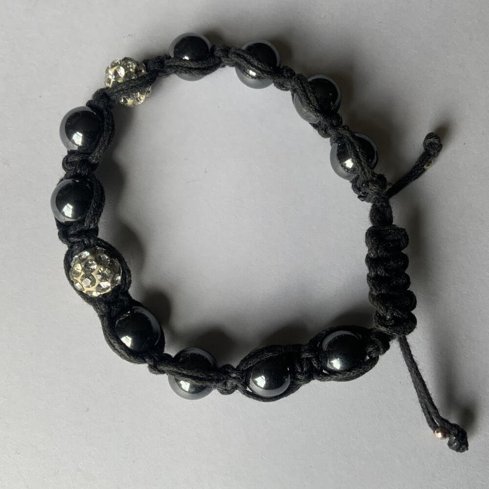 Black Gunmetal Beaded Shamballa Bracelet Rhinestone Crystal Adjustable Macrame